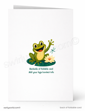 Backside of a foldable card with a cartoon frog and flower design, featuring the brand 'swirlyworld.com'.