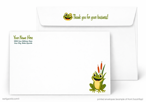 Envelopes with cartoon frog design and customizable text on a white background
