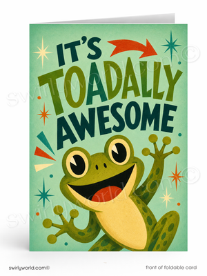 Greeting card with a frog illustration and text 'It's Toadally Awesome' on a green background.