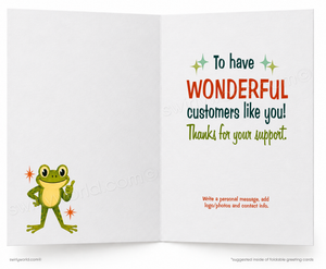 Greeting card with a frog illustration and text on a white background