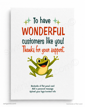 Card with a frog illustration and text expressing gratitude to customers on a white background