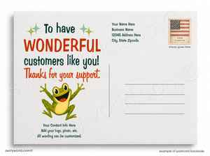 Postcard with a frog illustration and text thanking customers for their support, featuring a USA Forever stamp.