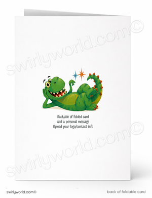 Back of a folded card with a green dragon illustration on a white background