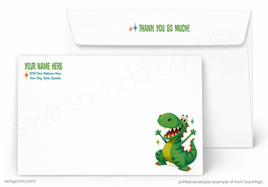 Personalized dinosaur-themed letterhead with a green dinosaur illustration on a white background.
