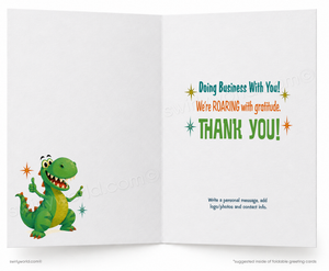 Open card with a cartoon dinosaur and text expressing gratitude for business.