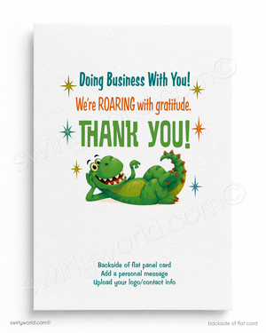 Card with a green dragon illustration and text expressing gratitude for business, on a white background.