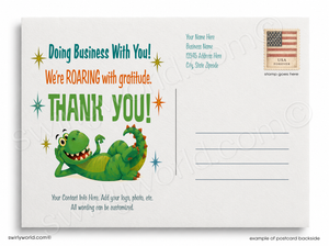 Postcard with a green dinosaur illustration and text on a white background