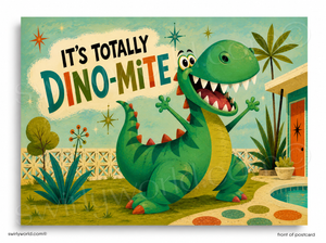 Cartoon dinosaur with 'It's Totally Dino-mite' text in a retro-style setting