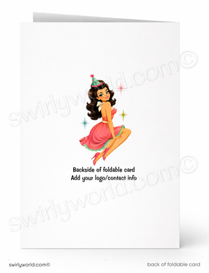 A white foldable greeting card shown front and back on a white background. The front features a retro-style illustrated woman in a pink dress and party hat with small star accents, and the back text reads 'Backside of foldable card' and 'Add your logo/contact info'.