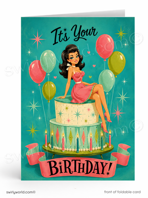A retro-style birthday card featuring a vintage illustration of a woman sitting on a decorated cake with balloons and candles, with the text 'It's Your Birthday!' on a teal background.