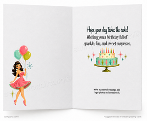 An open folding greeting card shown front and back. The left panel features a retro-style illustration of a woman in a pink dress holding balloons, while the right panel has placeholder text for a birthday message and a birthday cake illustration.