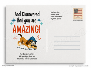 Postcard with a dog illustration and text 'And Discovered that you are AMAZING!' on a white background.