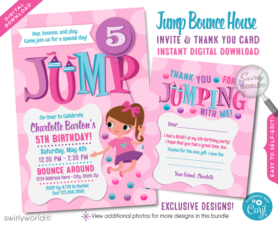 Introducing our adorable Little Girl's Bounce House Birthday Party Invitation and Thank You Card Digital Download! At the heart of the design is a delightful illustration of a little girl joyfully jumping up, holding a balloon where you can personalize with the birthday girl's age.