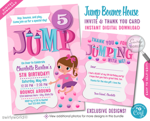 Introducing our adorable Little Girl's Bounce House Birthday Party Invitation and Thank You Card Digital Download! At the heart of the design is a delightful illustration of a little girl joyfully jumping up, holding a balloon where you can personalize with the birthday girl's age.