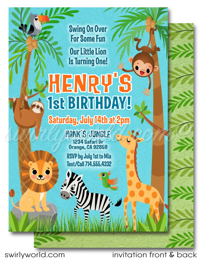 Embark on a wild adventure with our Safari Jungle 1st Birthday Invitation Set. Featuring playful jungle animals and vibrant tropical designs, this digital download includes invitations, thank you cards, and envelopes. Perfect for a gender-neutral celebration, bringing the spirit of the jungle to your little one's special day!