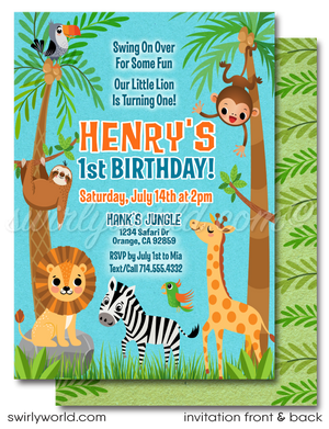 Embark on a wild adventure with our Safari Jungle 1st Birthday Invitation Set. Featuring playful jungle animals and vibrant tropical designs, this digital download includes invitations, thank you cards, and envelopes. Perfect for a gender-neutral celebration, bringing the spirit of the jungle to your little one's special day!