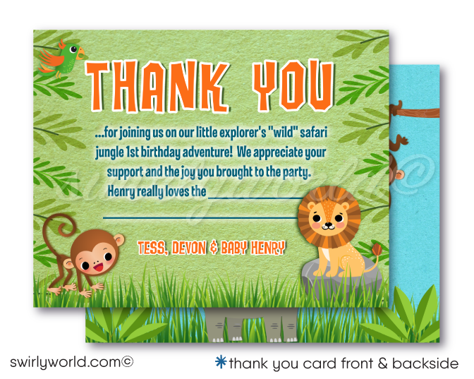 Embark on a wild adventure with our Safari Jungle 1st Birthday Invitation Set. Featuring playful jungle animals and vibrant tropical designs, this digital download includes invitations, thank you cards, and envelopes. Perfect for a gender-neutral celebration, bringing the spirit of the jungle to your little one's special day!