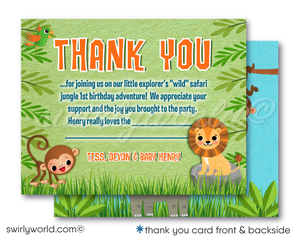 Embark on a wild adventure with our Safari Jungle 1st Birthday Invitation Set. Featuring playful jungle animals and vibrant tropical designs, this digital download includes invitations, thank you cards, and envelopes. Perfect for a gender-neutral celebration, bringing the spirit of the jungle to your little one's special day!