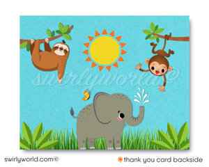 Embark on a wild adventure with our Safari Jungle 1st Birthday Invitation Set. Featuring playful jungle animals and vibrant tropical designs, this digital download includes invitations, thank you cards, and envelopes. Perfect for a gender-neutral celebration, bringing the spirit of the jungle to your little one's special day!