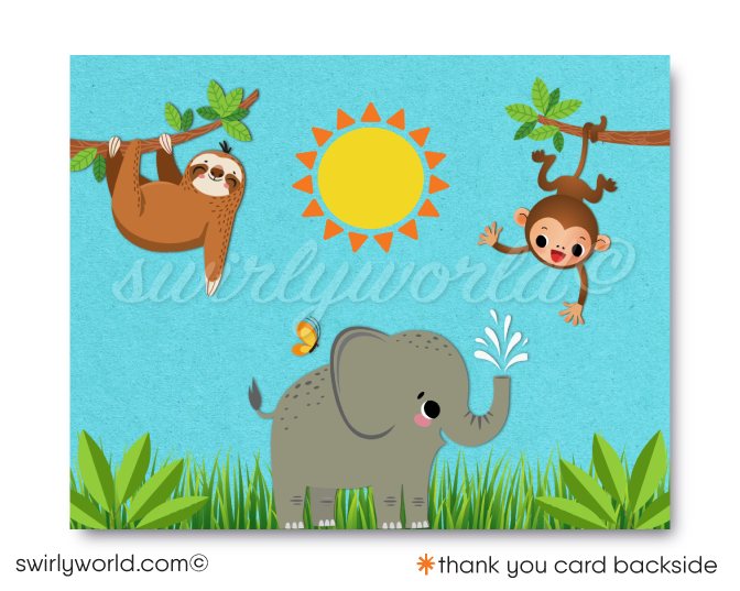 Embark on an adventure with our "Welcome to the Jungle" Safari Animals 1st Birthday Invitation Set. Featuring adorable jungle animals and vibrant designs, this set includes coordinated invitations, thank you cards, and envelopes. Perfect for a wild, unforgettable celebration of your little one's first milestone.