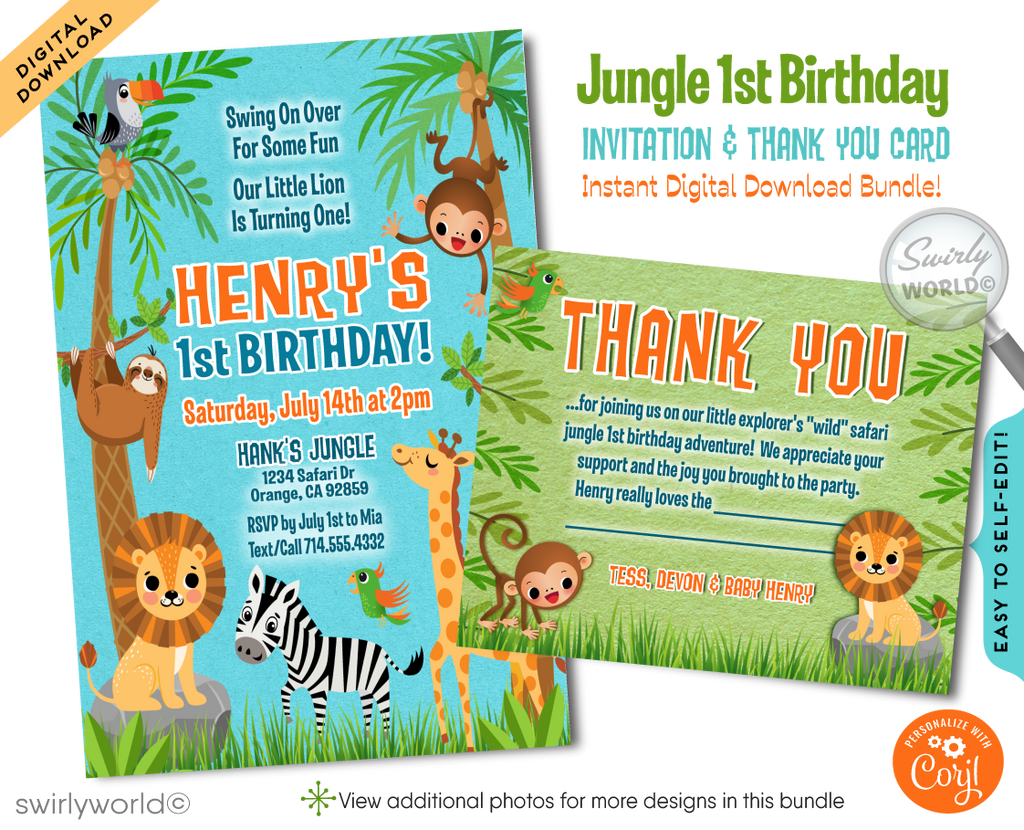 Embark on a wild adventure with our Safari Jungle 1st Birthday Invitation Set. Featuring playful jungle animals and vibrant tropical designs, this digital download includes invitations, thank you cards, and envelopes. Perfect for a gender-neutral celebration, bringing the spirit of the jungle to your little one's special day!
