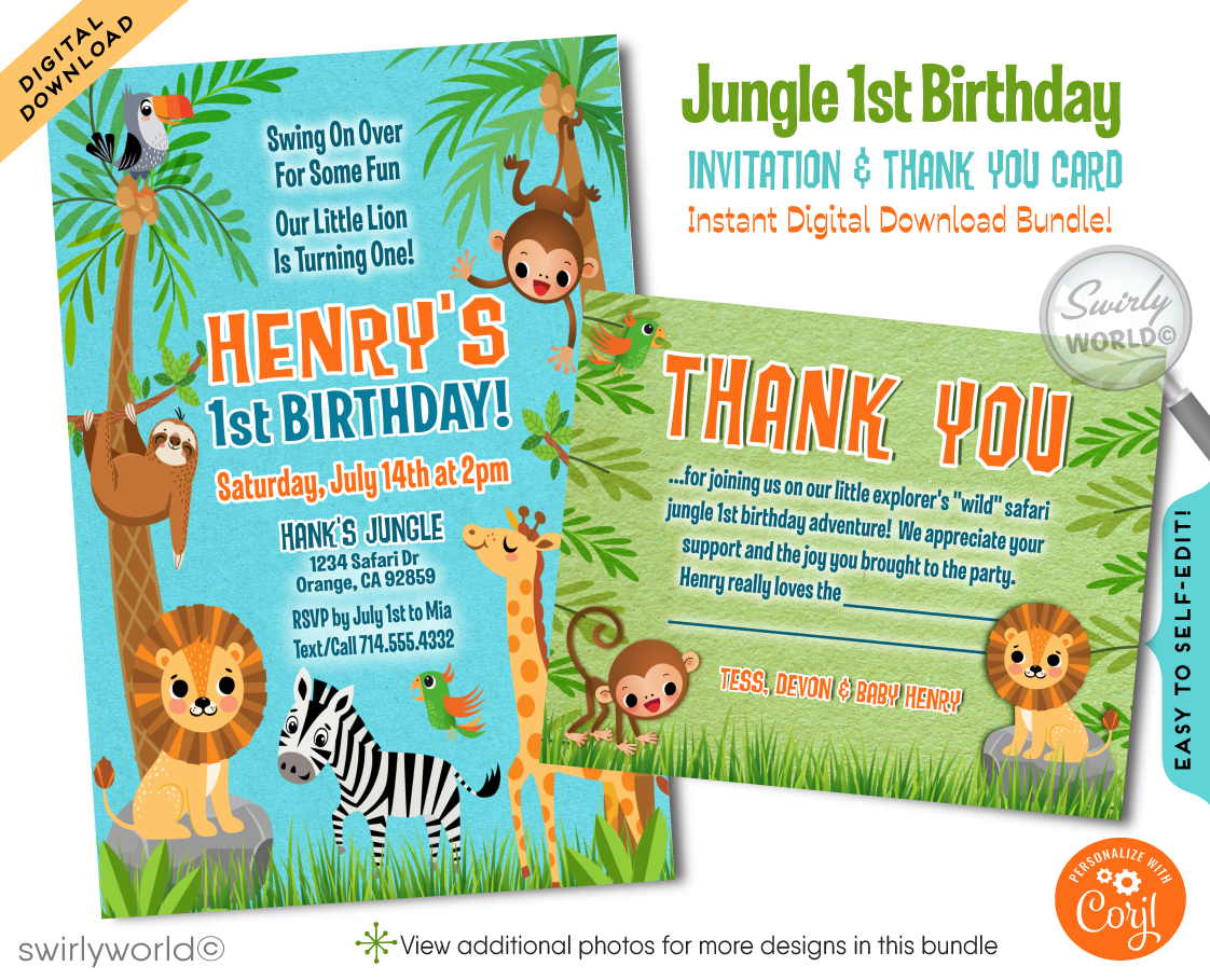 Embark on a wild adventure with our Safari Jungle 1st Birthday Invitation Set. Featuring playful jungle animals and vibrant tropical designs, this digital download includes invitations, thank you cards, and envelopes. Perfect for a gender-neutral celebration, bringing the spirit of the jungle to your little one's special day!