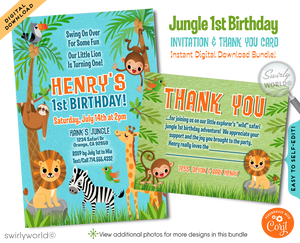 Embark on a wild adventure with our Safari Jungle 1st Birthday Invitation Set. Featuring playful jungle animals and vibrant tropical designs, this digital download includes invitations, thank you cards, and envelopes. Perfect for a gender-neutral celebration, bringing the spirit of the jungle to your little one's special day!
