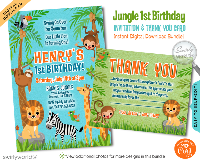 Baby Animals "Wild Thing" Jungle Safari 1st Birthday Invitation Digital Download