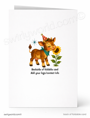 A white foldable greeting card shown front and back. The front features a cartoon brown calf wearing a red party hat and green scarf next to a yellow sunflower, with placeholder text below.