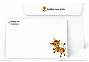 Custom printed white envelopes shown on a light gray background. The front envelope features a cartoon baby cow wearing a party hat and bow tie, and the back envelope shows placeholder text for name and address along with a small sunflower graphic on the flap.