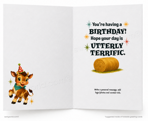 An open greeting card shown front and back. The left side is mostly blank with a small cartoon calf wearing a party hat in the lower left corner.