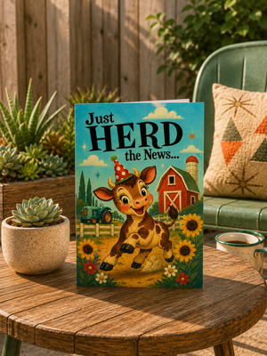 A square greeting card featuring a cartoon calf wearing a party hat on a farm, standing on a wooden table in a garden setting with a green chair, plants, and a mug nearby.