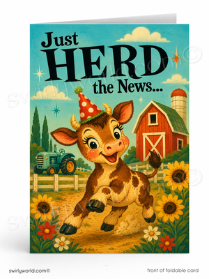 A folded greeting card shown front-on against a white background. The card features a colorful farm illustration with the text 'Just HERD the News.