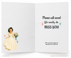 An open folding greeting card with a white background. The left panel shows a vintage-style illustration of a bride in a cream wedding dress holding flowers.