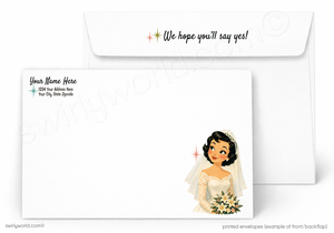 A printed wedding invitation envelope set shown on a white background. The front envelope has a vintage-style illustration of a bride holding flowers and placeholder text for name and address.