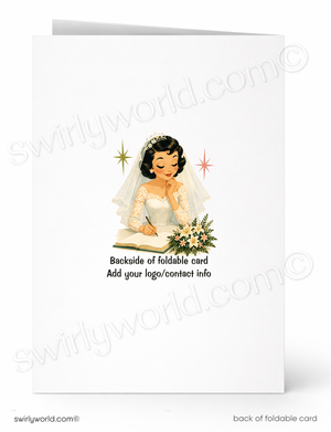 A white foldable greeting card shown front and back on a light gray background. The front features a retro-style illustration of a smiling bride in a white lace dress holding a bouquet, with small star accents and the text 'Backside of foldable card Add your logo/contact info.