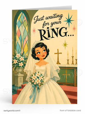 A vintage-style folded greeting card shown front-on against a white background. The card features an illustration of a bride in a white wedding dress and veil holding a bouquet, standing in a church with candles and a stained-glass window.