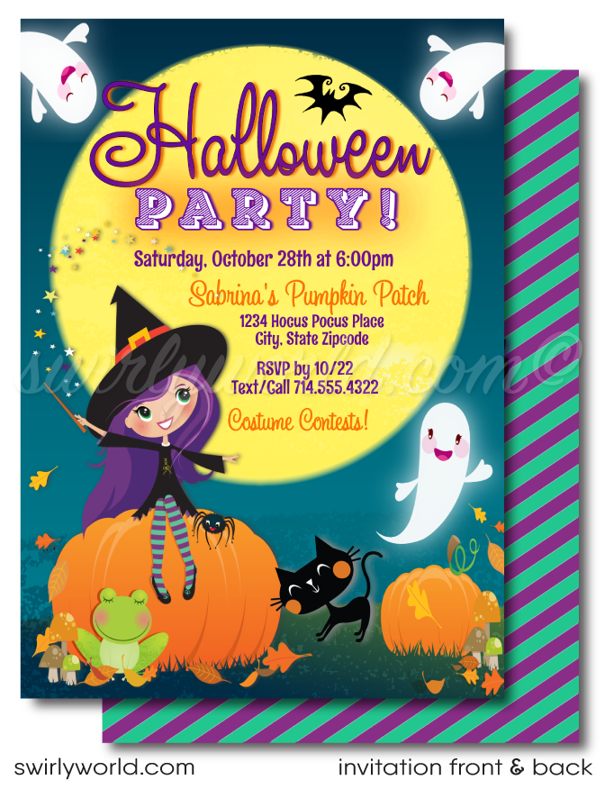 Delight your guests with our girls' Halloween party invitations! Featuring a charming witch, friendly ghosts, and pumpkins, these printed invitations are perfect for a magical Fall celebration. Customize with different witch avatars and matching envelopes. Premium cardstock ensures a memorable first impression!