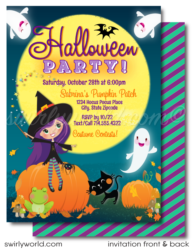 Non-Scary Child-Friendly Cute Little Witch Halloween Birthday Party Invitations for Girls