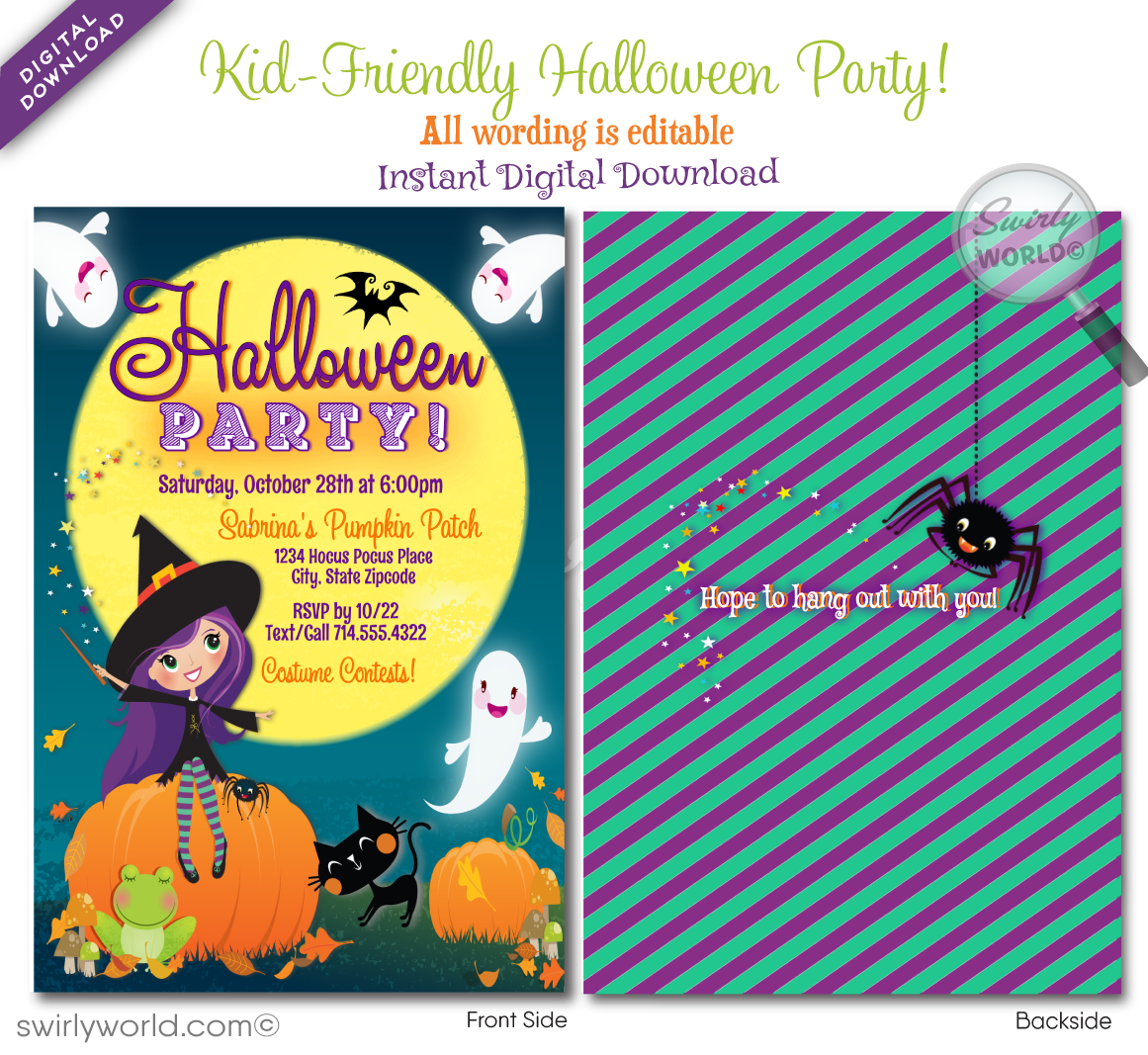 Child-Friendly Non-Scary Girl Witch Halloween Birthday Party Invitation Printable Digital File