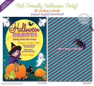 Child-Friendly Non-Scary Girl Witch Halloween Birthday Party Invitation Printable Digital File