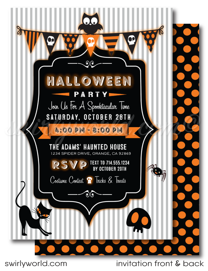 Create a magical Halloween celebration with Swirly World's child-friendly costume party invitations! Featuring charming polka dot bunting, a playful owl, spider, and black cat, this adorable design is perfect for kids. Customize easily and share via post, print, text, email, or e-vite for a hassle-free experience.