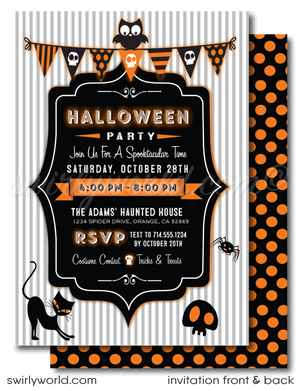 Delight your guests with Swirly World's child-friendly Halloween costume party invitations! Featuring an adorable owl, playful spider, and mischievous black cat with polka dot bunting, these premium printed invitations and matching envelopes are perfect for kids. Customize for a fun and festive celebration!