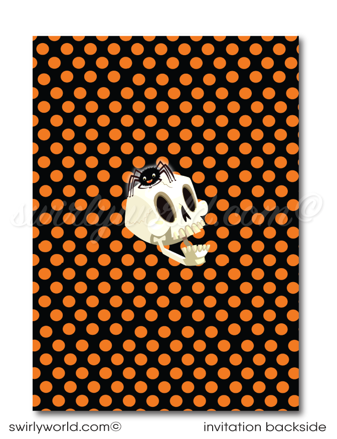 Create a magical Halloween celebration with Swirly World's child-friendly costume party invitations! Featuring charming polka dot bunting, a playful owl, spider, and black cat, this adorable design is perfect for kids. Customize easily and share via post, print, text, email, or e-vite for a hassle-free experience.