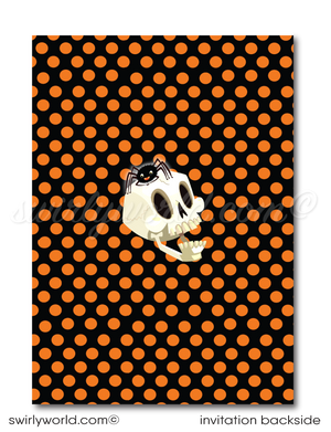 Create a magical Halloween celebration with Swirly World's child-friendly costume party invitations! Featuring charming polka dot bunting, a playful owl, spider, and black cat, this adorable design is perfect for kids. Customize easily and share via post, print, text, email, or e-vite for a hassle-free experience.