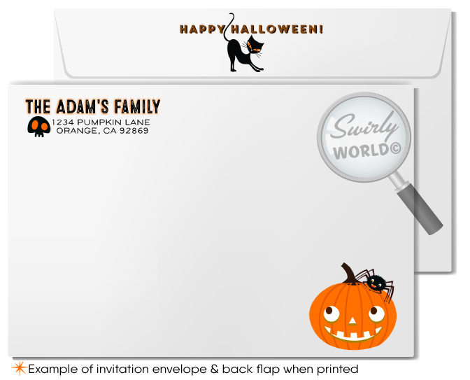 Delight your guests with Swirly World's child-friendly Halloween costume party invitations! Featuring an adorable owl, playful spider, and mischievous black cat with polka dot bunting, these premium printed invitations and matching envelopes are perfect for kids. Customize for a fun and festive celebration!