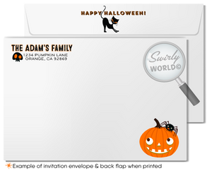 Delight your guests with Swirly World's child-friendly Halloween costume party invitations! Featuring an adorable owl, playful spider, and mischievous black cat with polka dot bunting, these premium printed invitations and matching envelopes are perfect for kids. Customize for a fun and festive celebration!