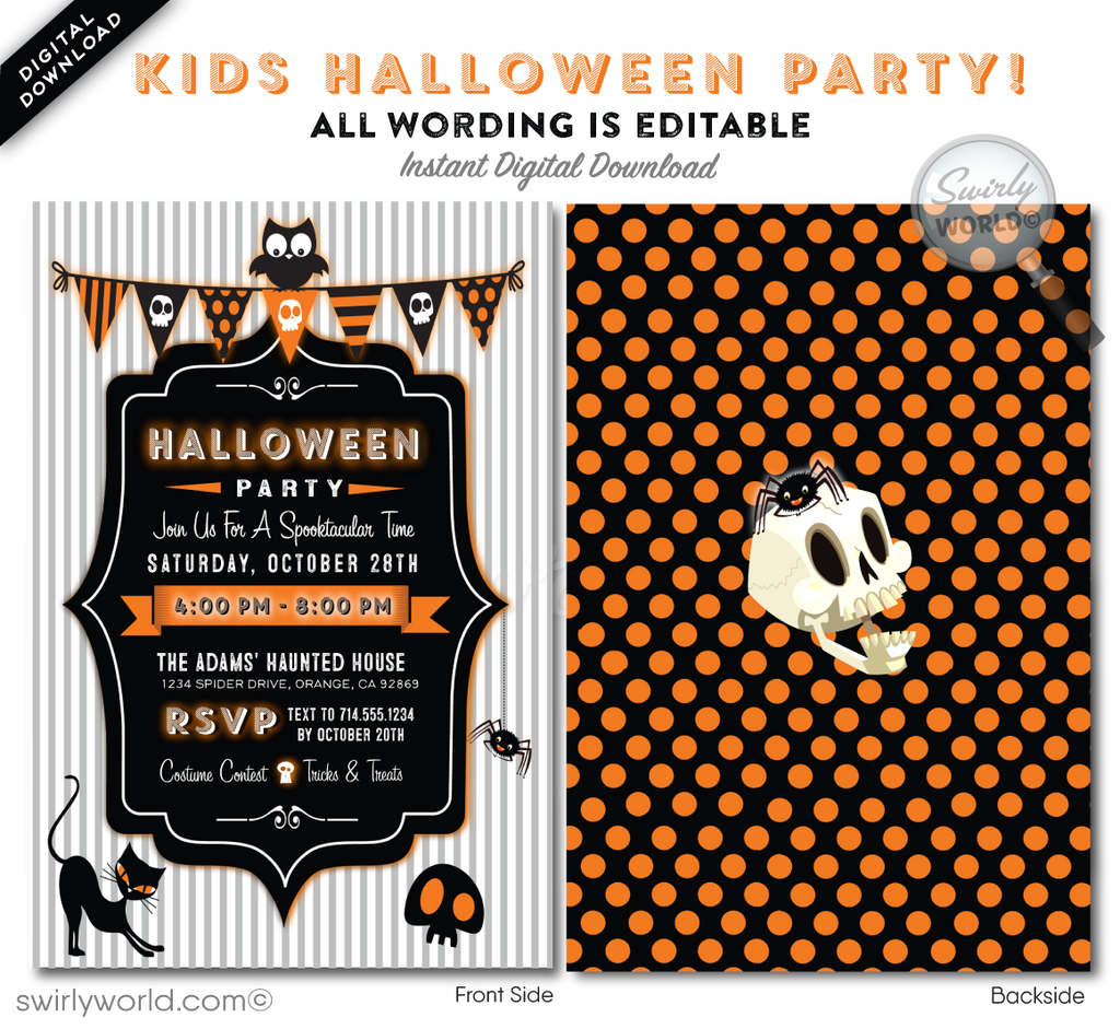 Create a magical Halloween celebration with Swirly World's child-friendly costume party invitations! Featuring charming polka dot bunting, a playful owl, spider, and black cat, this adorable design is perfect for kids. Customize easily and share via post, print, text, email, or e-vite for a hassle-free experience.