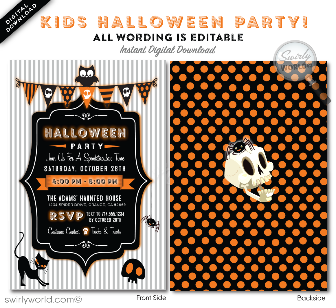 Create a magical Halloween celebration with Swirly World's child-friendly costume party invitations! Featuring charming polka dot bunting, a playful owl, spider, and black cat, this adorable design is perfect for kids. Customize easily and share via post, print, text, email, or e-vite for a hassle-free experience.