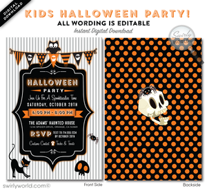 Create a magical Halloween celebration with Swirly World's child-friendly costume party invitations! Featuring charming polka dot bunting, a playful owl, spider, and black cat, this adorable design is perfect for kids. Customize easily and share via post, print, text, email, or e-vite for a hassle-free experience.